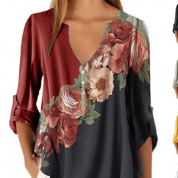 

womens shirts summer women fashion v neck flower print casual long sleeves shirt blouse clothes, White