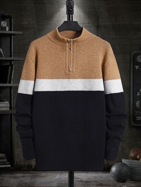 

men colorblock quarter zipper sweater p61g#, White;black