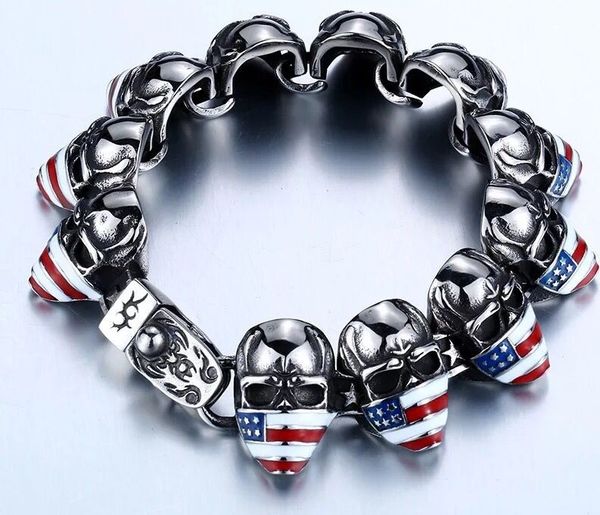 

vintage biker skull stainless steel bracelet with star strip, White