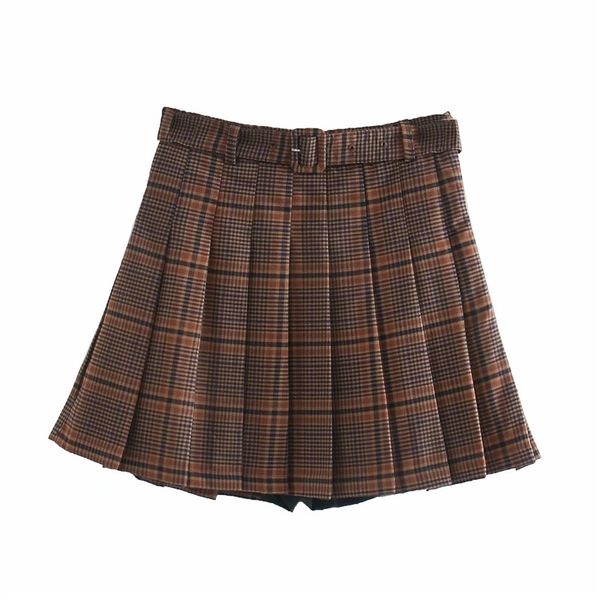 

skirts women fashion high waist plaid za mini with belt female casual a-line brown pleated short skirt mujer faldas 7ug3, Black