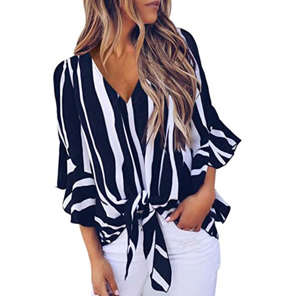 

2021 new women's loose stripe 7 / 4 sleeve v-neck t-shirt, Tan;black