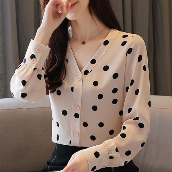 

fashion woman blouses 2021 long sleeve women shirts v-neck blouse dot chiffon blusas womens and c136 women's &, White