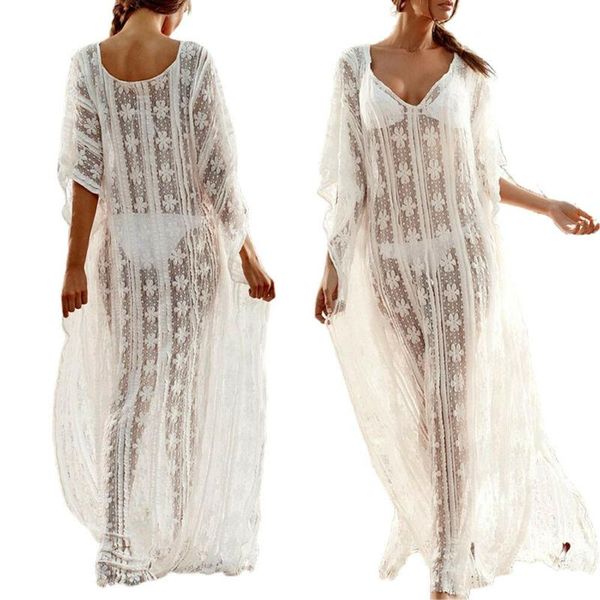 

women's swimwear women casual sheer long maxi dress beach holiday v-neck bikini cover kaftan, White;black