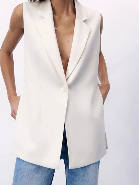 

women's vests 2021 white slit woman vest summer lapel sleeveless v-neck casual chic adjustable side strap back button women, Black;white