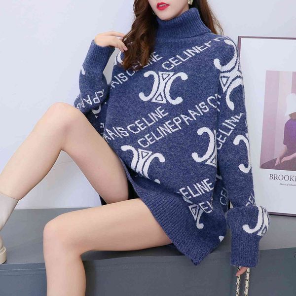 

design clothing version autumn winter lazy wind thickened high neck women's loose pullover sweater medium and long bottomed sweater, White;black