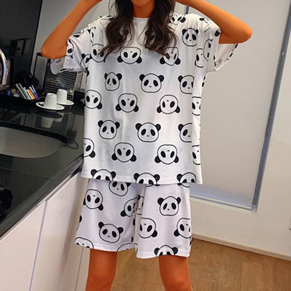 

panda print summer pajamas cartoon women sleepwear homewear girls sweat cute loose t shirts and shorts 2 set, Black;red