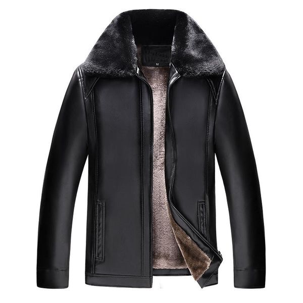 

mens leather jacket male winter coats men's plus velvet thick fur lapel warm casual slim smart & faux, Black