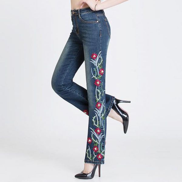 

women's jeans spring autumn womens beading stretch flare trousers with embroidery , female women flower embroidered flares denim pants, Blue