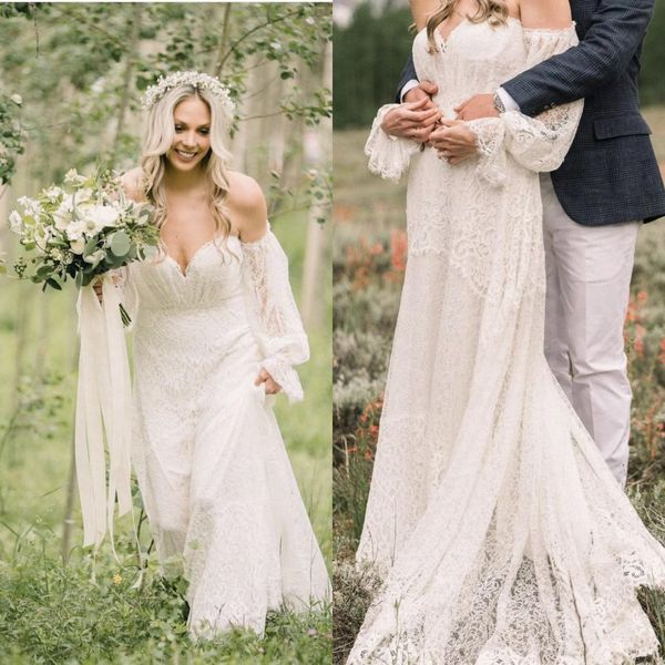 

hippie style country lace wedding dress for bride 2022 sweetheart neck off shoulder boho graden long a line bridal gowns full sleeve recepti, White