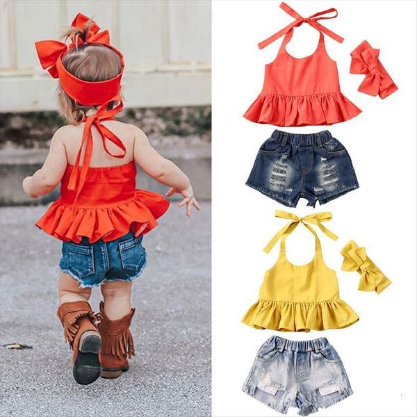 

newly kids 3pcs set lovely toddler clothes sets baby girls orange sleeveless belt ruffles vest dress denim shorts headband, White