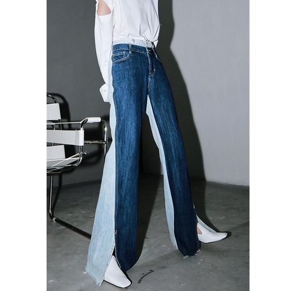 

women's jeans blue contrast color split joint long wide leg high waist loose women trousers fashion spring autumn 2021