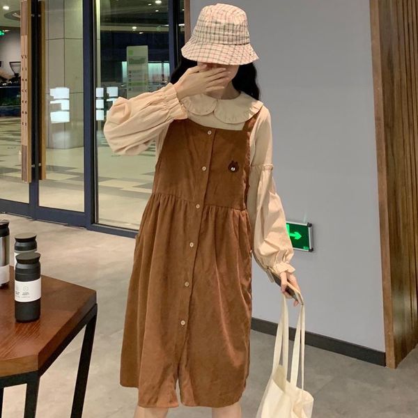 

spring and autumn japanese large size women's suspender dresses was thin covered belly strap corduroy dress woman casual, Black;gray