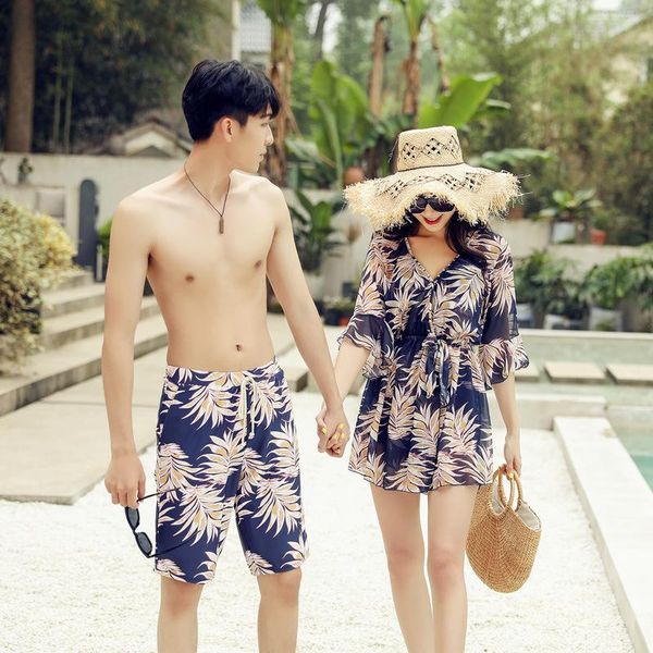 

one-piece suits 2021 summer leaf pattern couple swimsuit bathing suit women 3 piece bikini set spring quick dry men beach shorts
