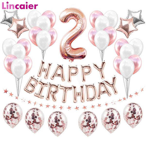 

37pcs rose gold number 2 foil balloons set 2nd birthday party decorations baby boy girl 2 years happy birthday decor pink blue