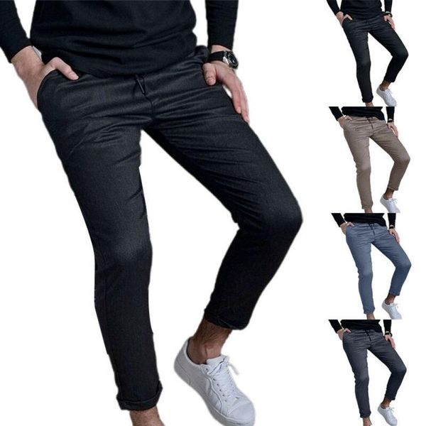 

men's pants fashion bodycon skinny slim fit stretch solid casual pockets trousers, Black
