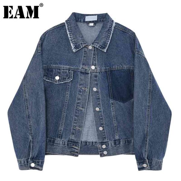 

[eam] loose blue denim big size pocket asymmetrical jacket lapel long sleeve women coat fashion spring autumn 1dd6889 21512, Black;brown