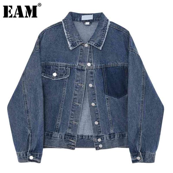 [EAM] Cappotto asimmetrico da tasca di grandi dimensioni in denim blu allentato con risvolto manica lunga cappotto da donna moda primavera autunno 1DD6889 21512