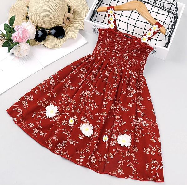 

girl's dresses summer kids baby girls fashion sleeveless floral print dress stylish flower decoration children casual, Red;yellow