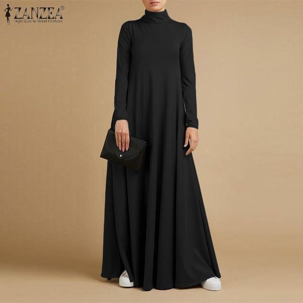 

casual dresses zanzea fashion women turtleneck long sleeve maxi dress autumn vestido elegant solid sundress robe femme kaftan party, Black;gray