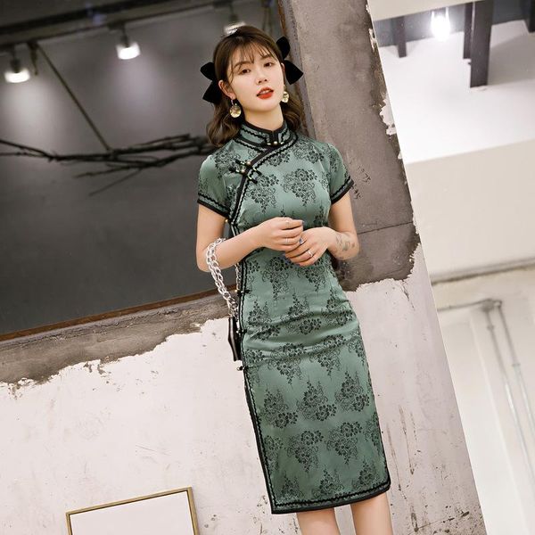 

chinese women green floral print qipao vintage mandarin collar slim cheongsam short sleeve evening dress plus size -4xl ethnic clothing, Red