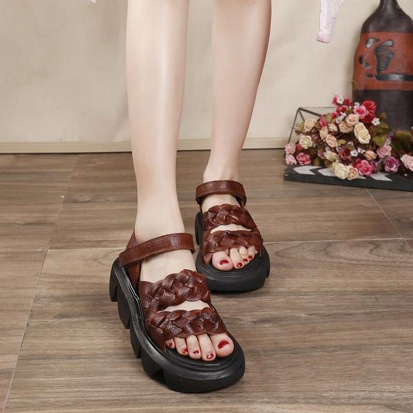 

ankle strap thick bottom high heels creepers shoes sandals woman 2021 summer genuine leather platform women's wedges, Black