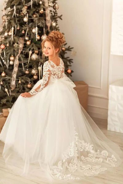 Sevimli Prenses Dantel Tül Çiçek Kız Elbise Ülke Bahçe için Düğün Sırf Uzun Kollu Aplikler Büyük Yay Sash Geri Kızlar Örgün Doğum Günü Partisi Abiye