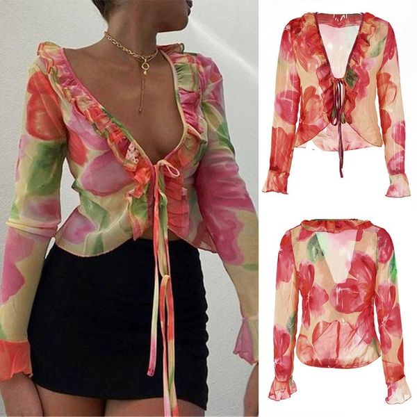 

women's t-shirt fashion boho ruffle blouse see-through lace v-neck for women long sleeve summer shirt party beach cropped top, White