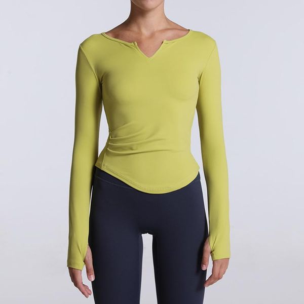 

yoga outfit autumn sports v neck t shirt women slim waist long-sleeve tight outdoor running quick-drying t-shirt