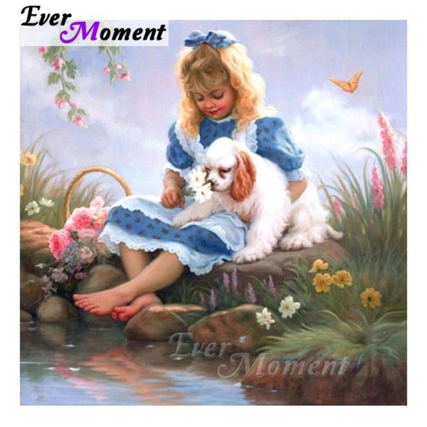 

diamond painting ever moment 5d diy cross stitch girl dog flower mosaic full square drills rhinestone artwork asf1179