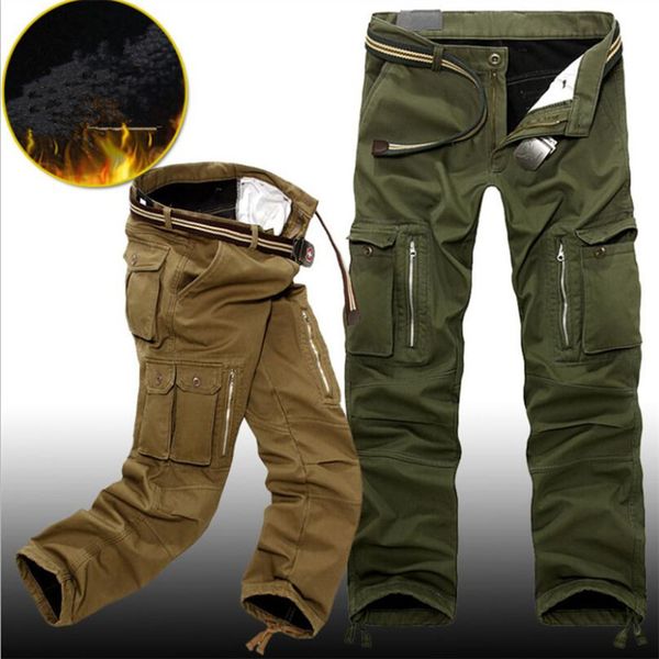 

styles winter fleece warm tactical pants zip cotton trousers loose army green cargo pants men casual plus thicken tooling pants, Black