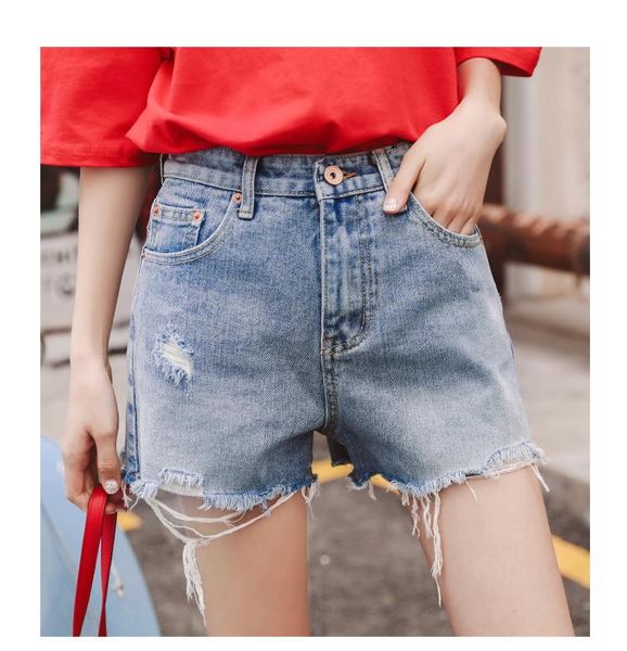 

women's jeans style summer 2021 broad leg high-waisted printed cat head embroidered denim shorts pants 8605, Blue