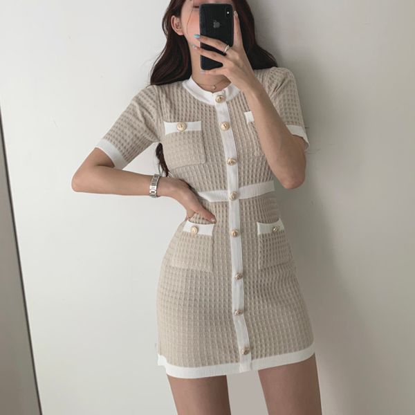 

vintage knitted dress bodycon short sleeve o neck mini vestido korean summer party elegant black mujer chic dresses 210422, Black;gray