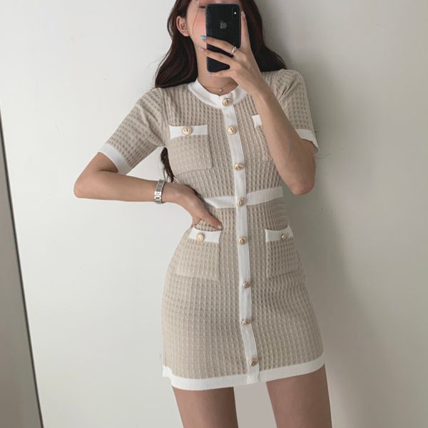 Vintage Örme Elbise Bodycon Kısa Kollu O Boyun Mini Vestido Kore Yaz Seksi Parti Zarif Siyah Mujer Chic Elbiseler 210422