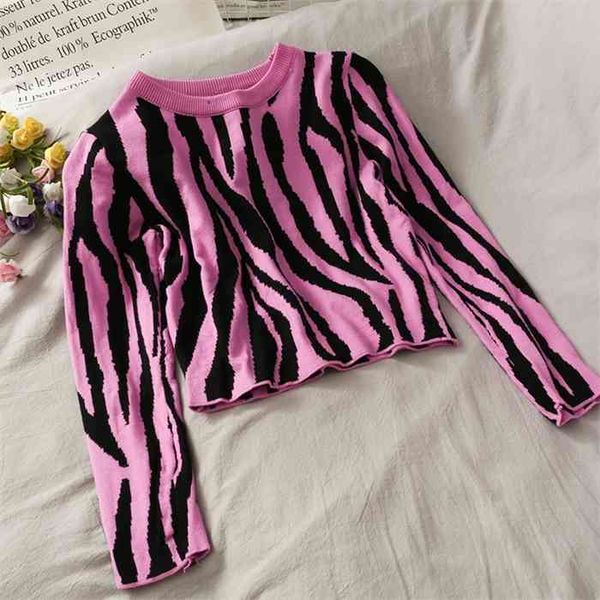 

woman knitted sweaters sweet women korean loose long sleeve pullover o-neck jumper zebra pattern outwear crop autumn new, White;black