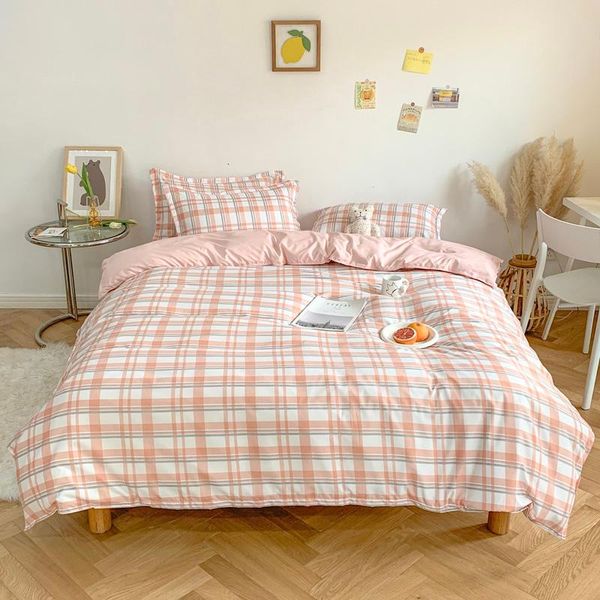 

bedding sets home textile pink plaid duvet cover pillow case bed sheet ab side quilt boy kid teen girl linens set king