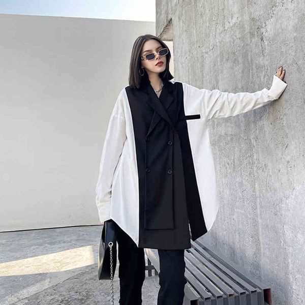 

women's blouses & shirts [eam] women black white bandage big size blouse notched collar long sleeve loose shirt fashion spring autumn 2