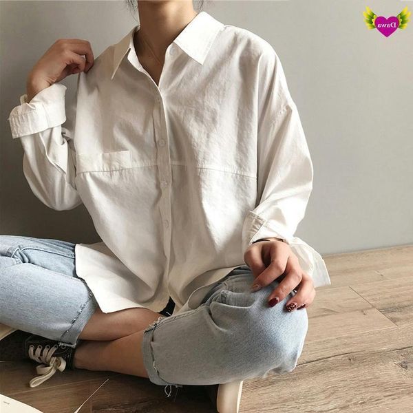 

women's blouses & shirts 2021 autumn winter women cotton blouse long sleeve turn-down collar loose oversize casual, White