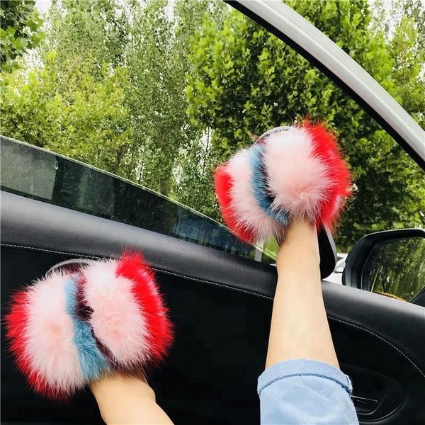 

summer women fur slippers real slides female fluffy raccoon indoor casual plush flat sandals cute shoes, Black