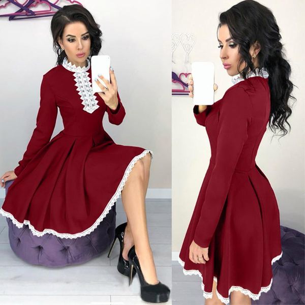 

casual dresses 2021 autumn winter style women long sleeve patchwork lace dress fall fashion crochet a-line mini, Black;gray