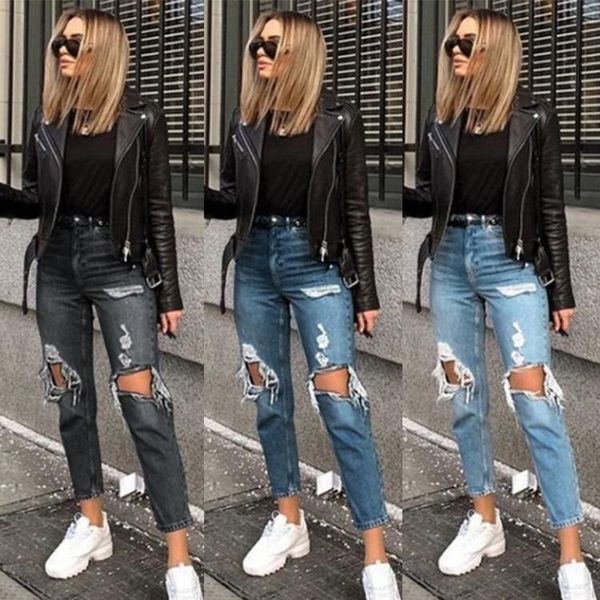 

women's jeans 2021 fashion ripped are thin spring and autumn solid color casual straight-leg pants streetwear, Blue