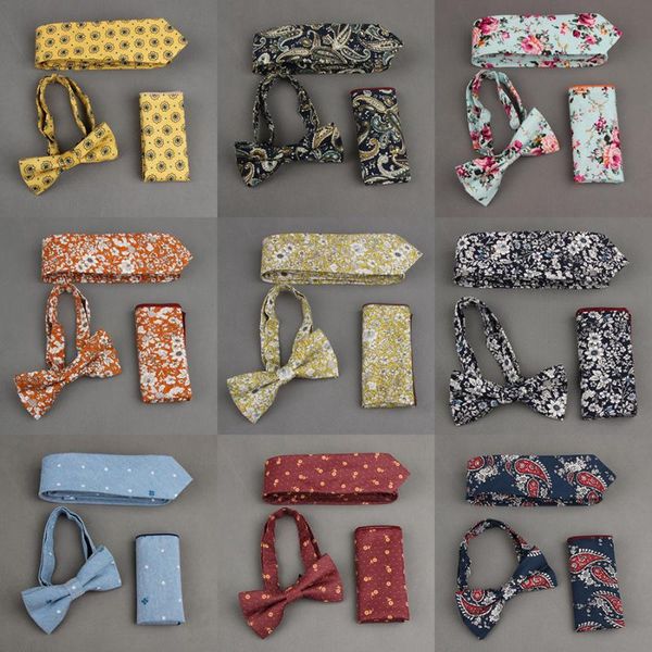 

bow ties gusleson cotton slim 6cm bowtie hanky and tie set for men paisley printed floral necktie sets suit wedding pocket square, Black;gray