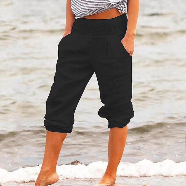 

men's pants 2021 summer calf-length cotton linen men solid color elastic waist loose pencil large size male casual trousers, Black