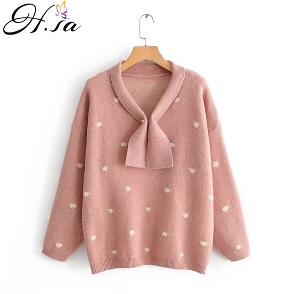 Frauen Winterpullover Langarm Rundhalsausschnitt Rosa Pullover und Pullover Polka Dots Bow Kawaii Strickwaren Tops 210430