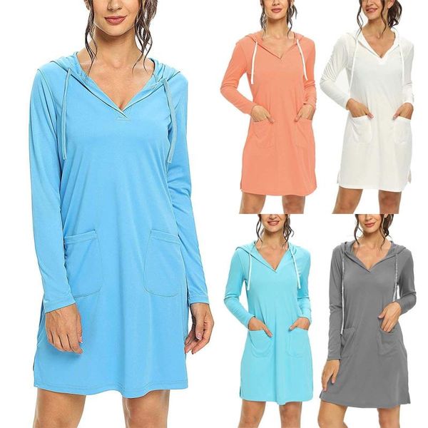 

casual dresses fashion womens solid colors with hooded long sleeve drawstring sport sunscreen slim fit bodycon mini dress vestidos, Black;gray