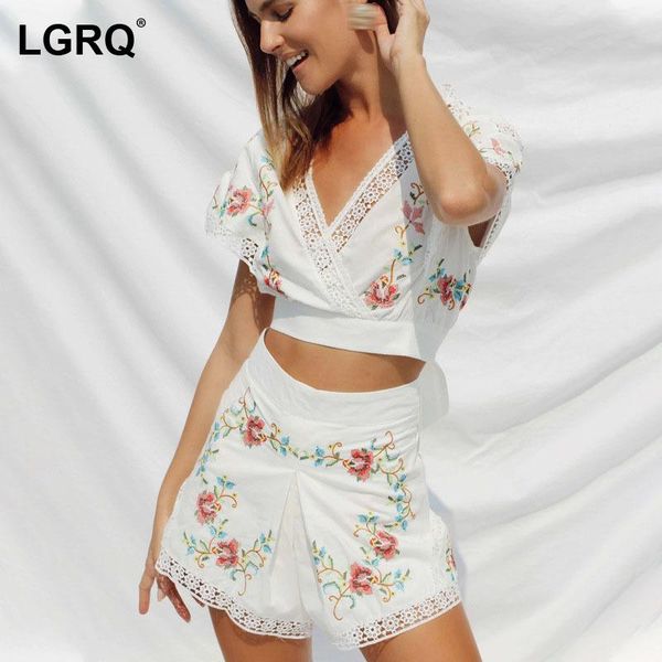 

women's tracksuits [lgrq] wide leg white print lace embroidery shorts two piece suit v-neck fit women fashion tide spring summer 2021 1, Gray