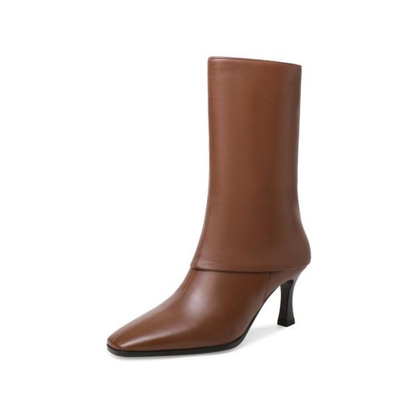 

boots women's winter middle tube boots, leather square head thin high heels and knee cover style retro fashion, Black