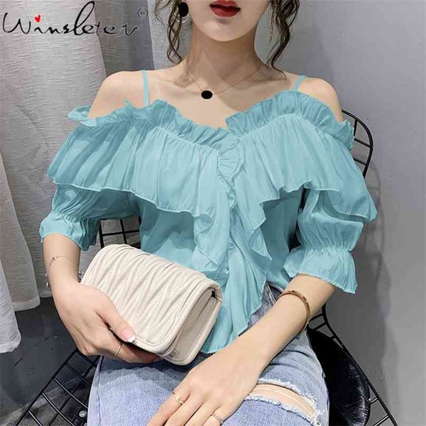 

summer chiffon women blouses fashion puff sleeve spaghetti strap off-the-shoulder blouse shirt casual blusa t07016b 210719, White