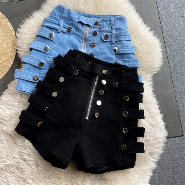 

summer denim shorts womens jean high waist slimming casual side metal breasted motorcycle wide leg, Blue