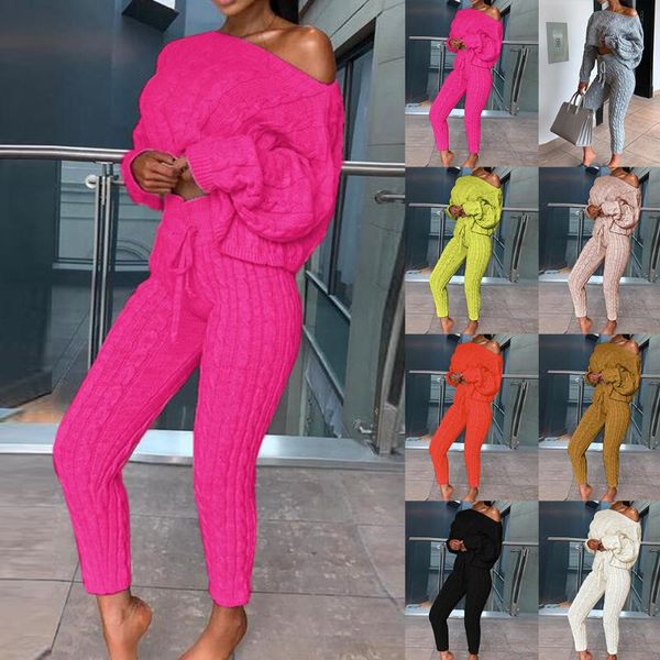 

women's tracksuits casual knit set two-piece outfit long sleeve sweater short pullover crop drawstring pants, Gray