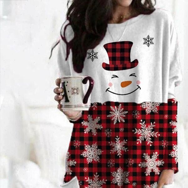 

plus size women t shirts christmas elk print shirt lady color matching long sleeved womens clothes autumn winter, White